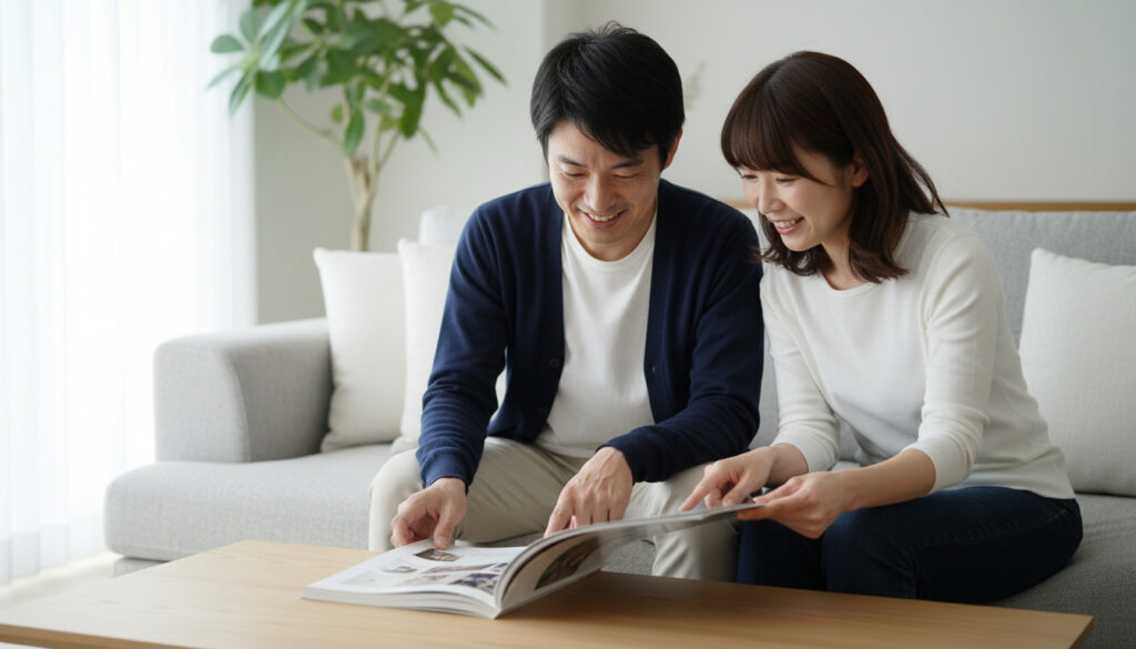 5000円のカタログギフトを手に商品を選ぶ夫婦