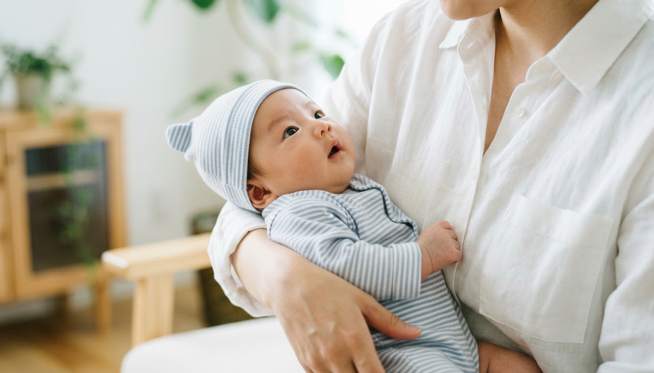 母親の腕に抱かれている赤ちゃん