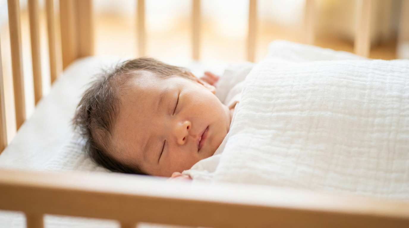 ベビーベッドですやすやと眠る赤ちゃん