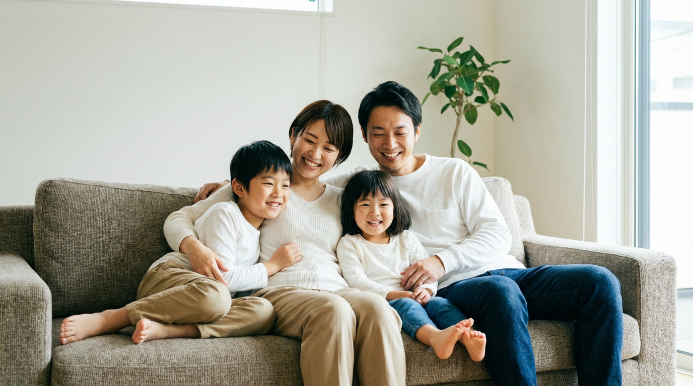 引っ越し先の新居でくつろぐ家族