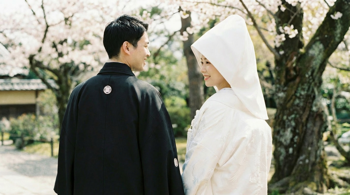 寄り添いながら互いに微笑む新郎新婦の後ろ姿