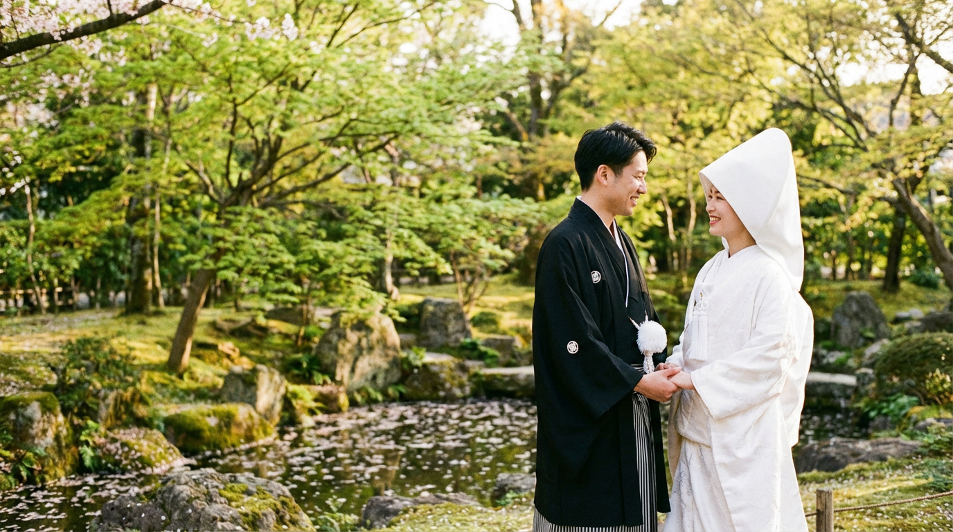 美しい日本庭園で互いに手を取り見つめ合う新郎新婦