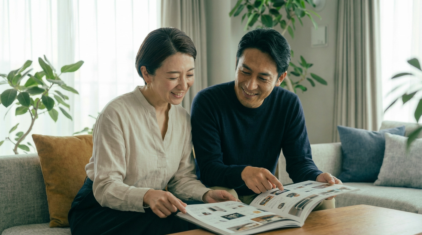 10000円のカタログギフトを手に商品を選ぶ夫婦